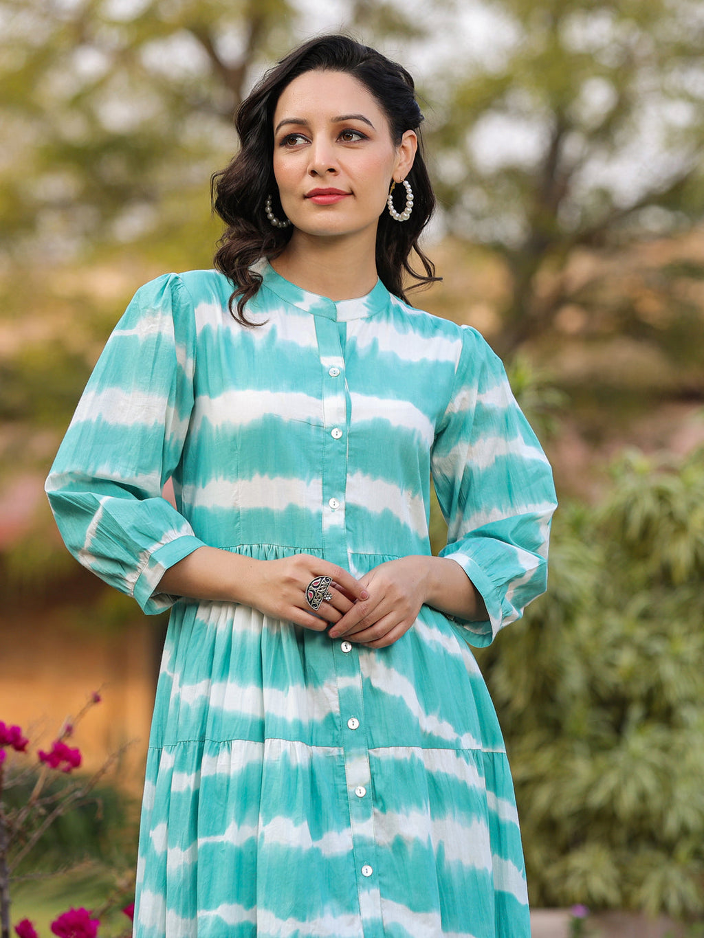 Women Sea Green Tie and Dye Pure Cotton Fit and Flared Midi Dress
