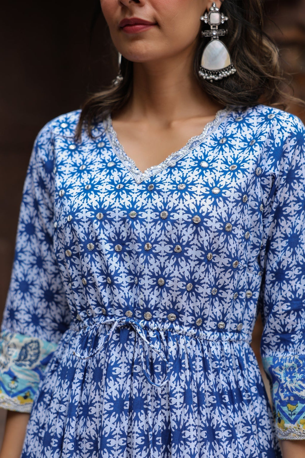 Floral Printed V-Neck Three-Quarter Sleeves Pure Cotton Ethnic Dress