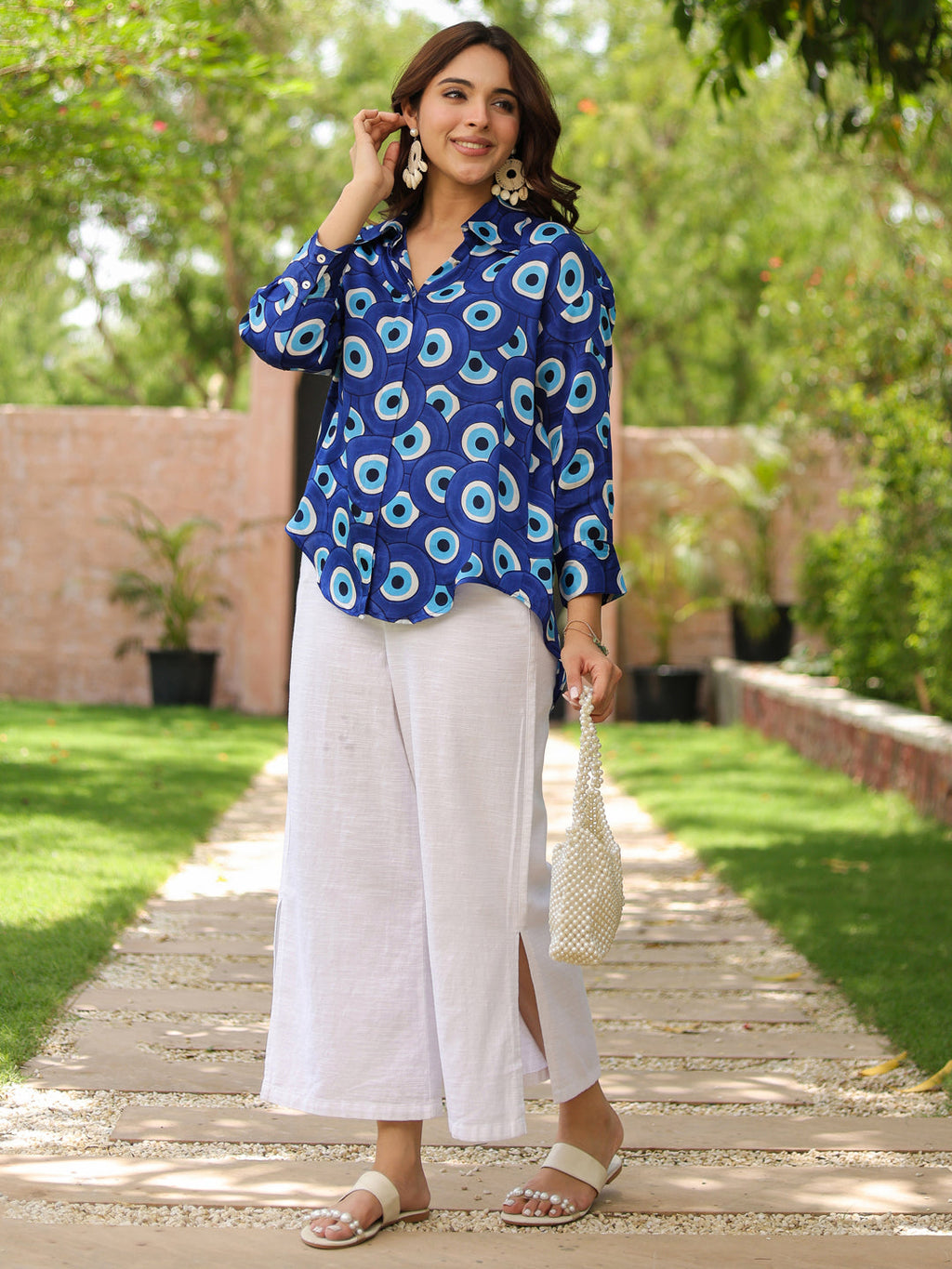 Women Standard Fit Geometric Printed Spread Collar Satin Casual Shirt
