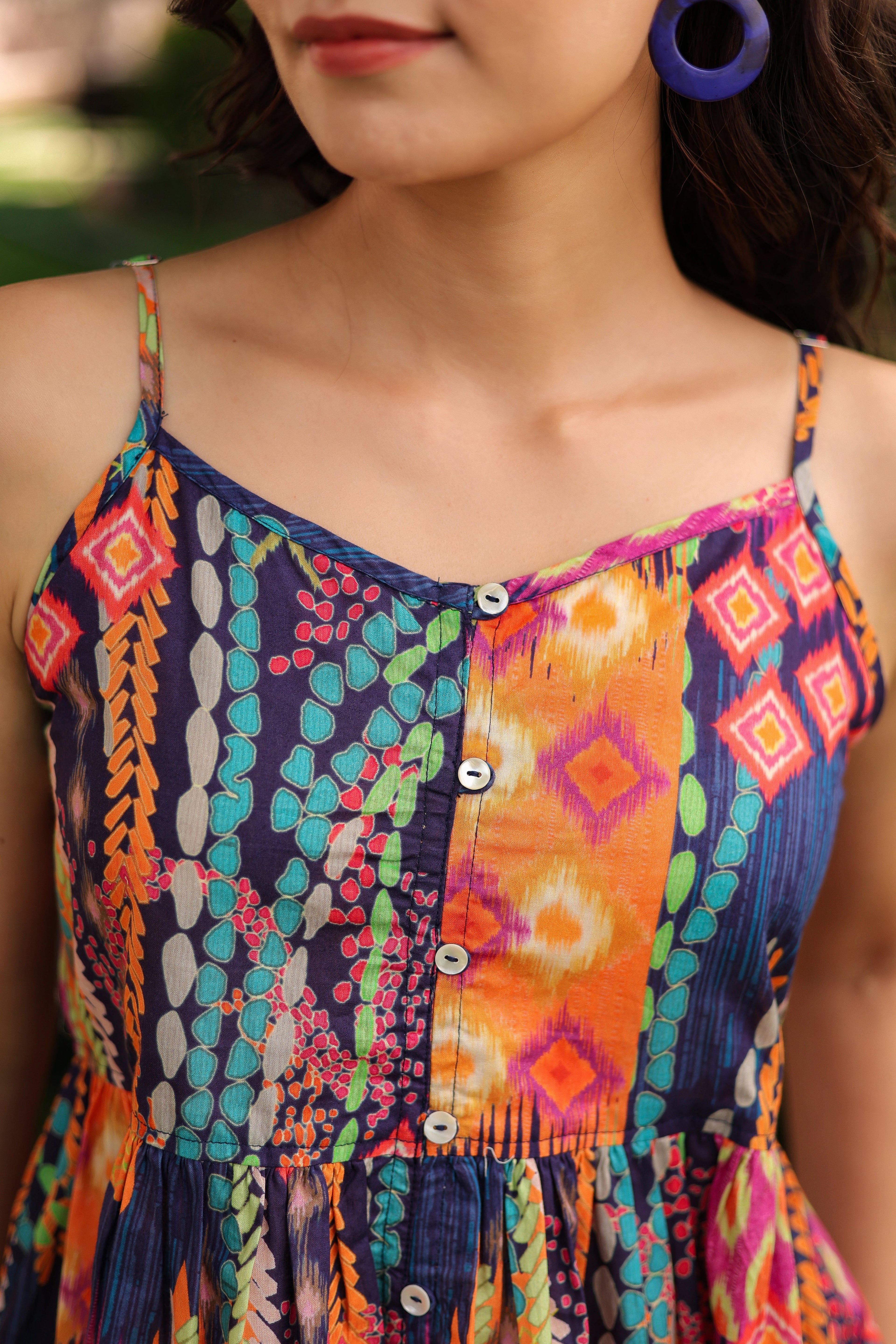 Abstract Printed Shoulder Straps Pure Cotton Peplum Crop Top