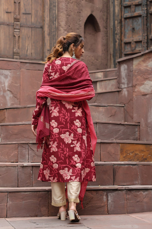 Floral Printed Regular Pure Cotton A-Line Kurta with Trousers & Dupatta