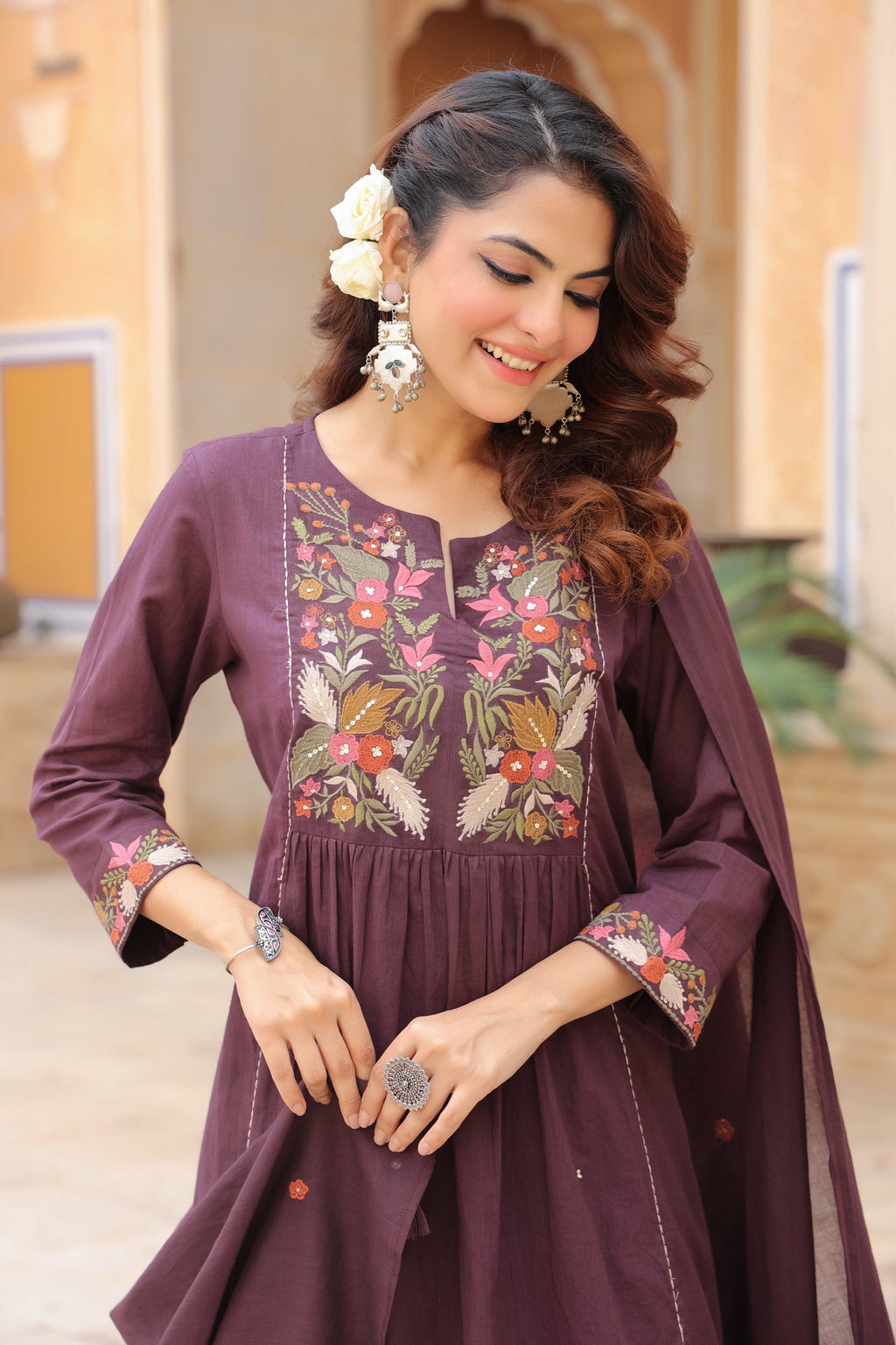 Women Floral Embroidered Regular Cotton Kurta, Trousers & Dupatta Kurta Set