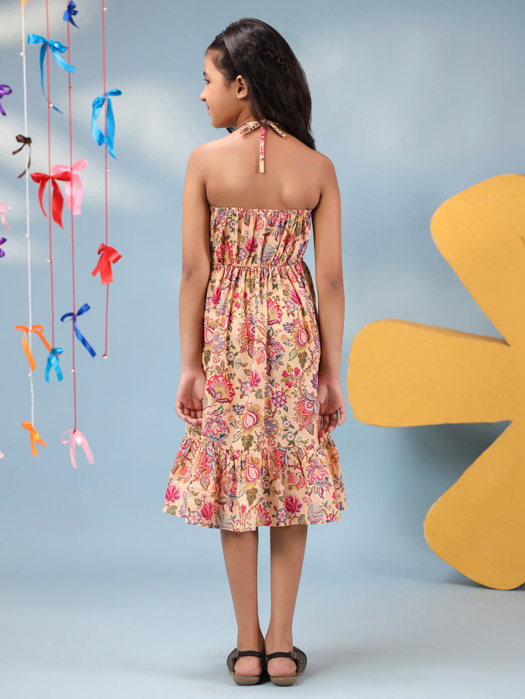 Girls Floral Printed Halter Neck Tiered Fit and Flare Midi Dress
