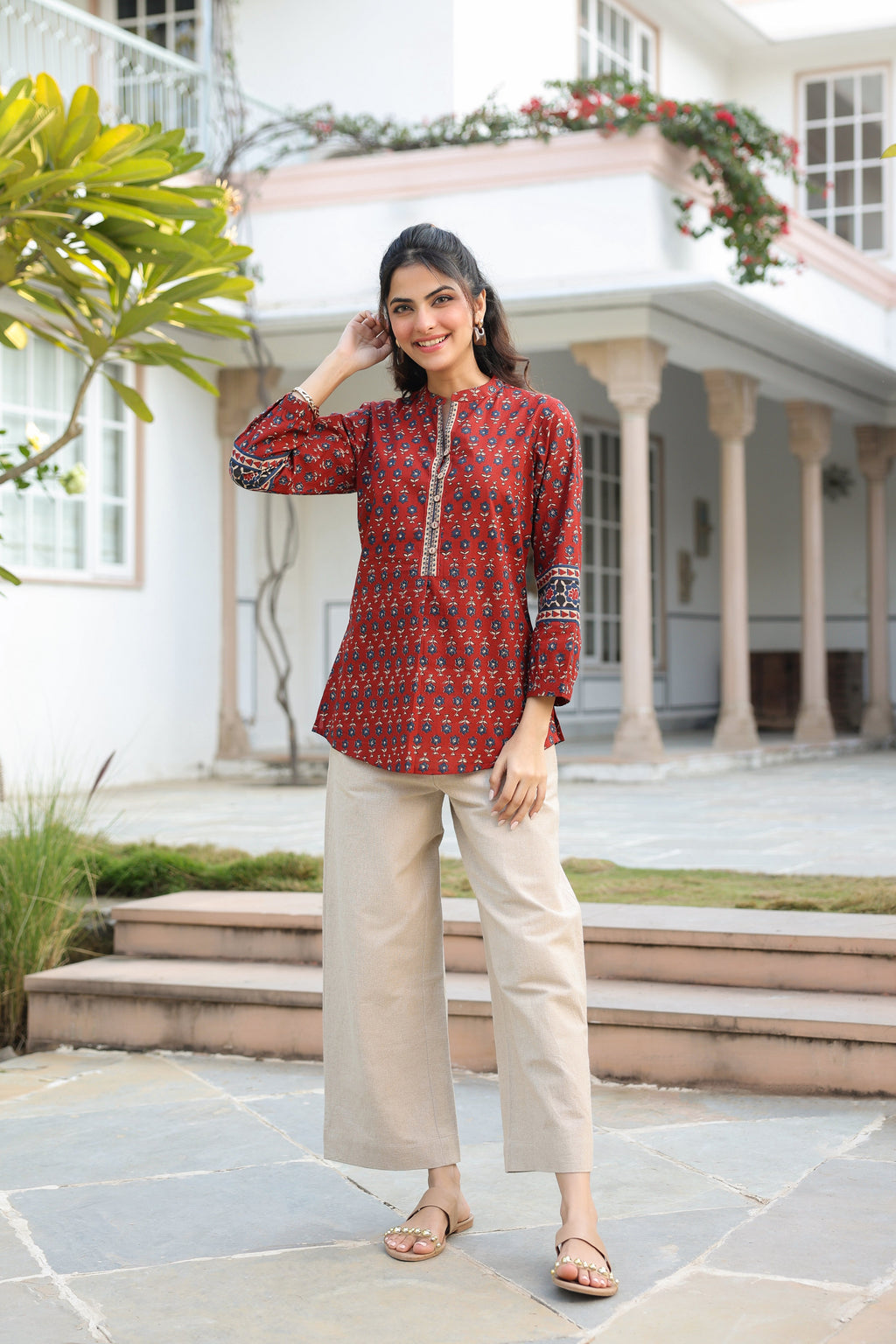 Print Mandarin Collar Cotton Top