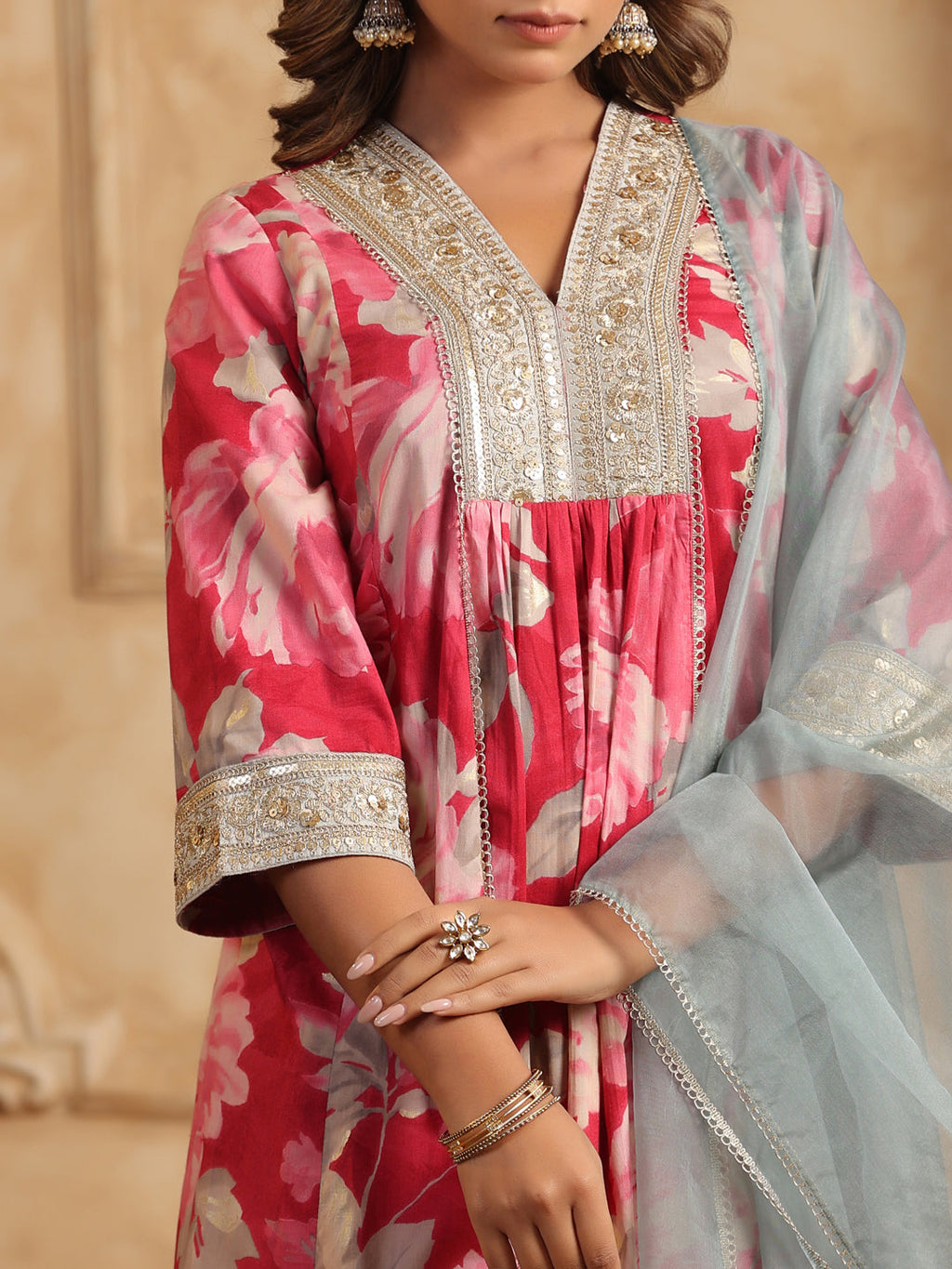 Floral Printed Sequinned Pure Cotton Anarkali Kurta with Trousers & Dupatta
