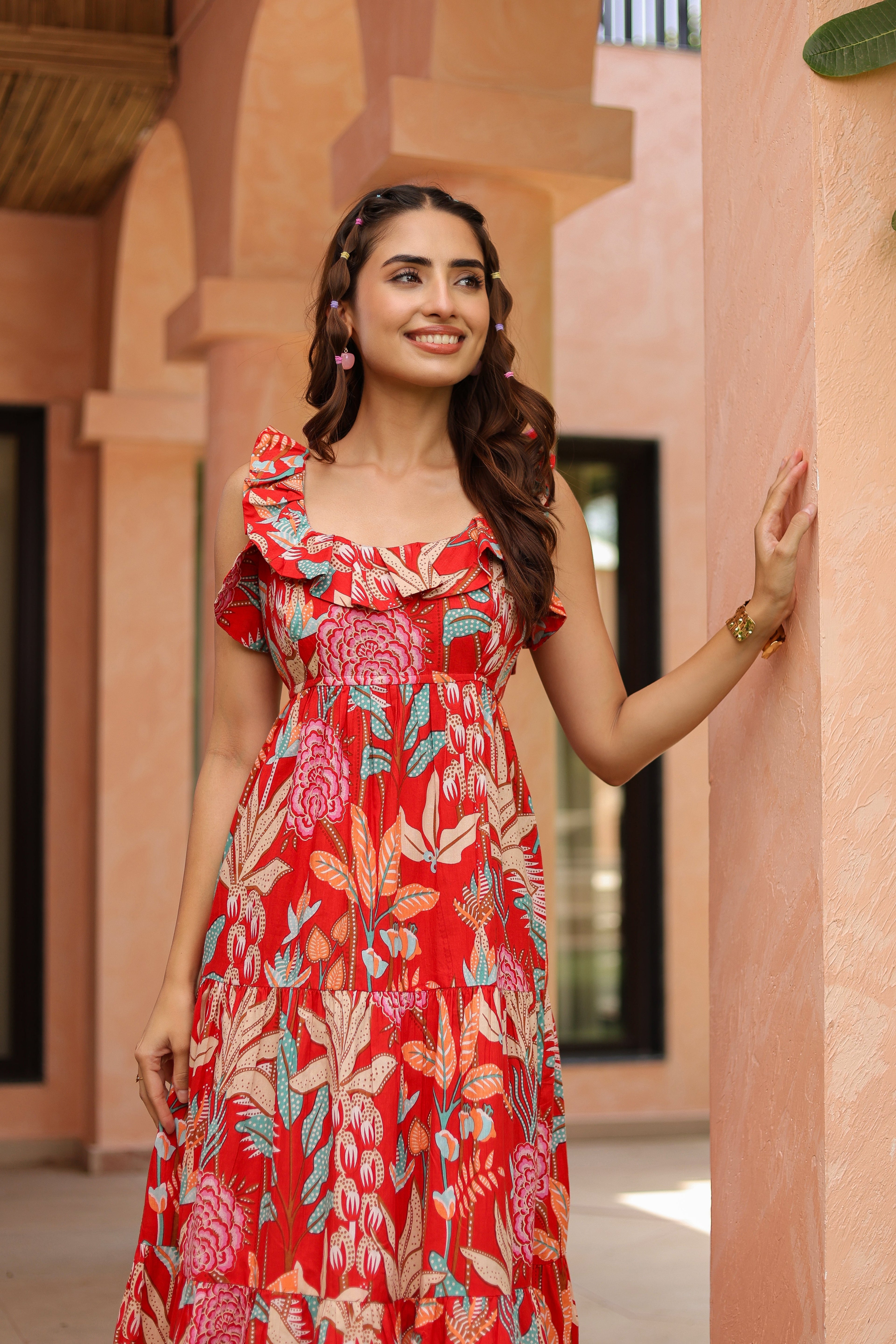 Tropical Printed Square Neck Pure Cotton Midi Dress