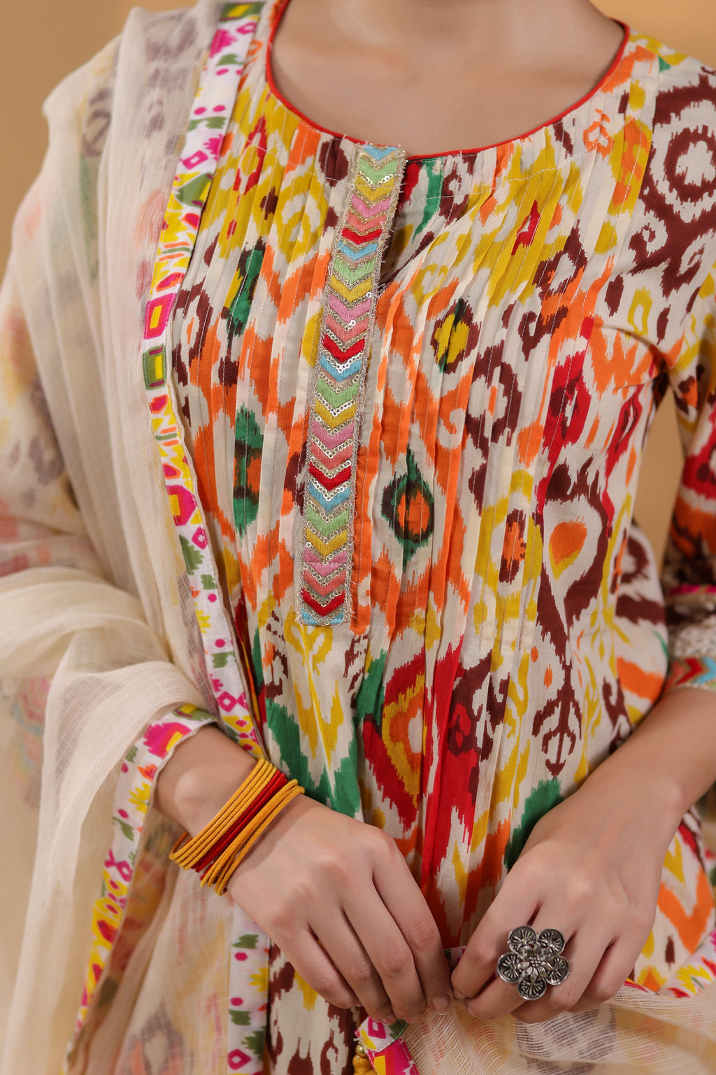 Ethnic Motifs Printed Pure Cotton Straight Kurta With Trousers & Dupatta