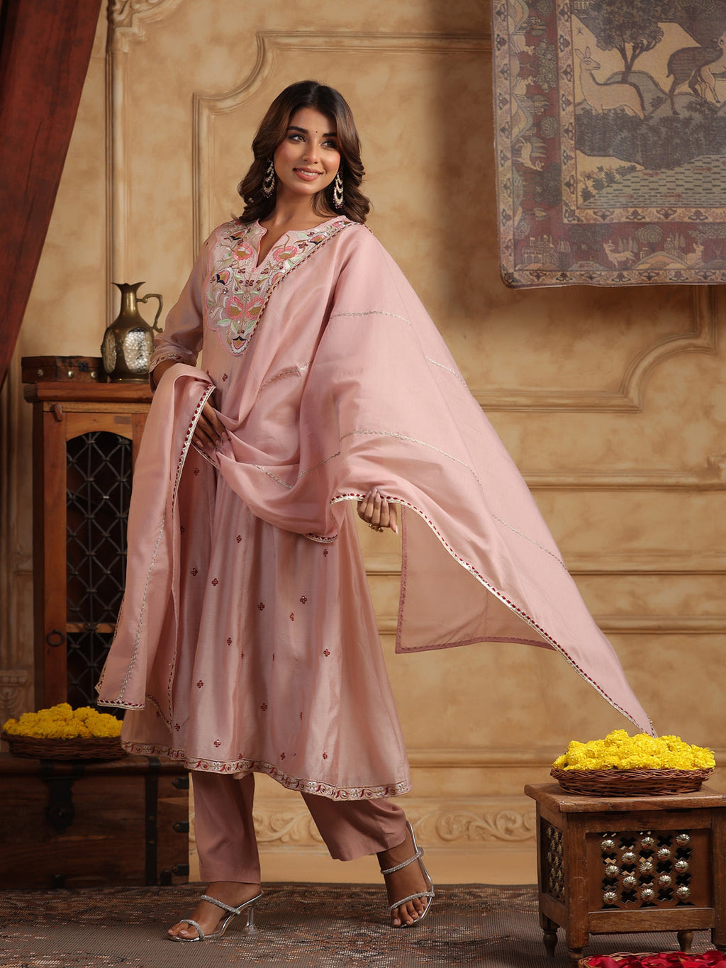 Floral Embroidered Chanderi Cotton Anarkali Kurta with Trousers & Dupatta
