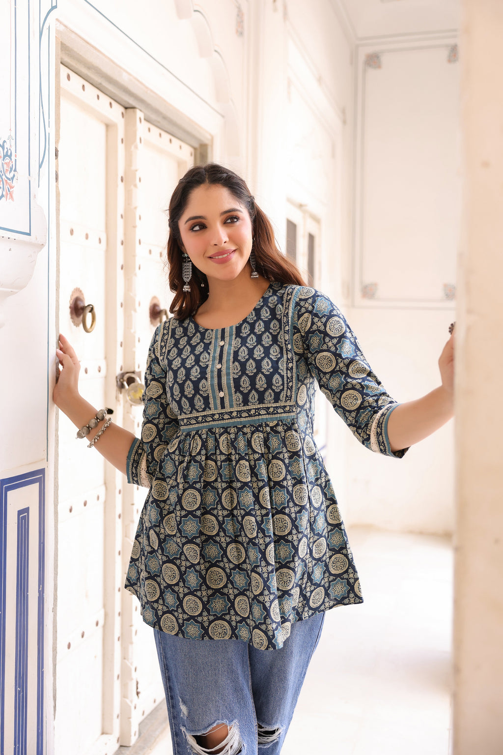 Women Ethnic Motifs Printed Pure Cotton Peplum Top
