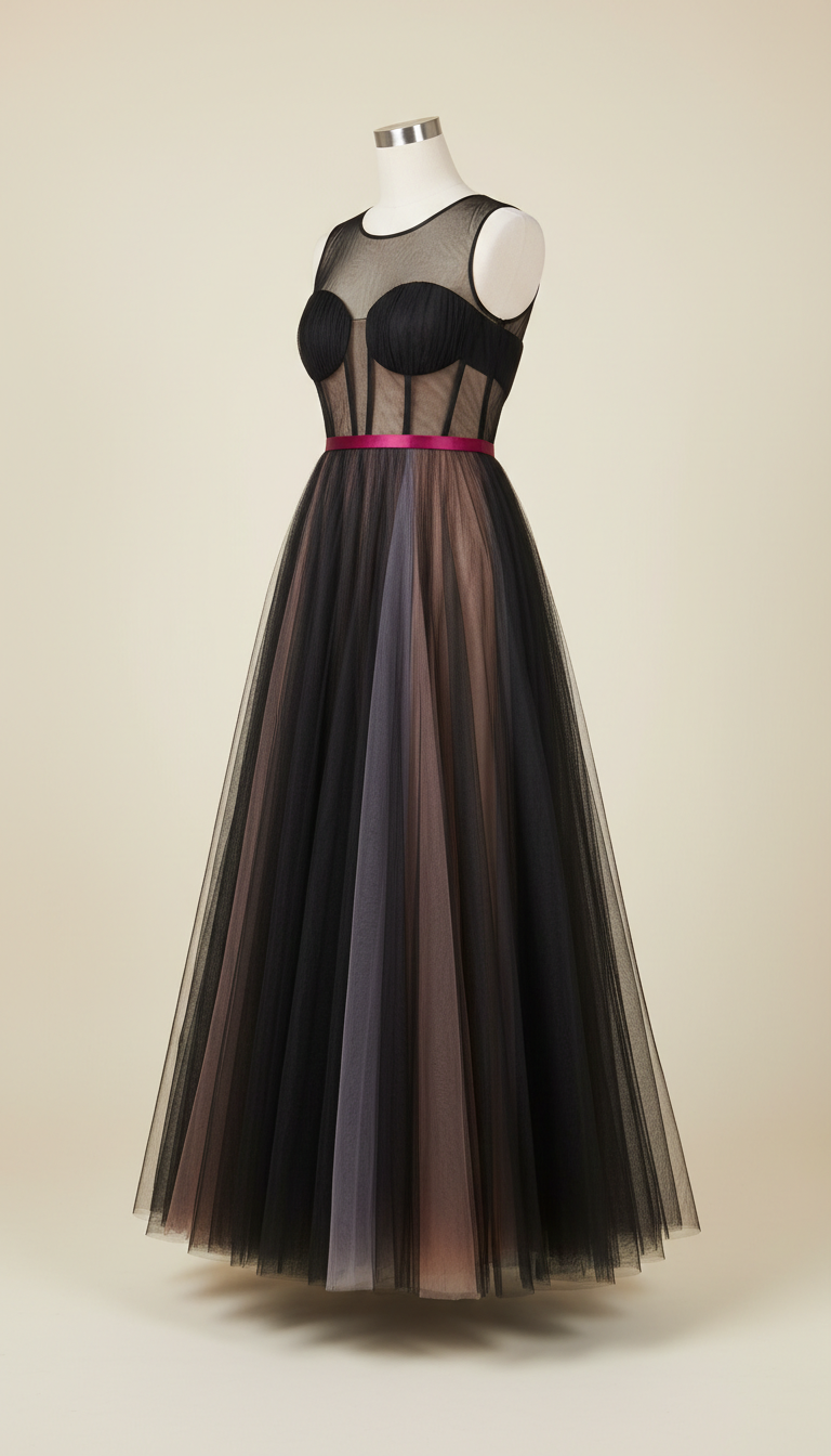 Midnight Black Tulle-Panel Evening Gown