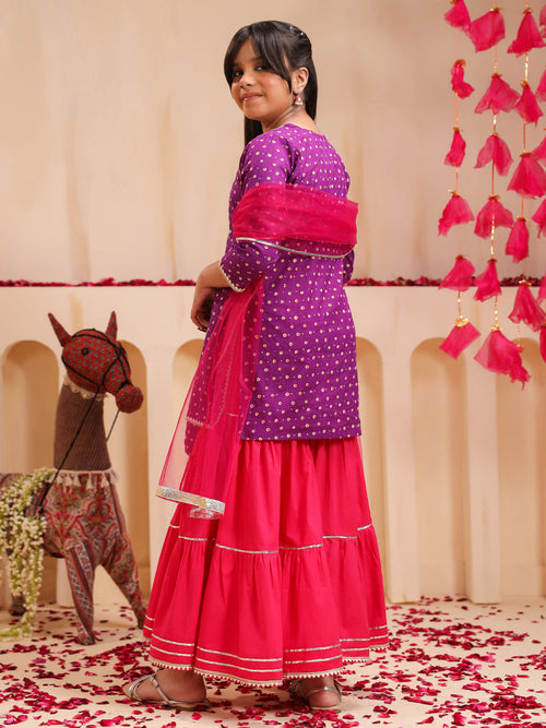 Girls Bandhani Printed Regular Gotta Patti Pure Cotton Kurti with Sharara & With Dupatta